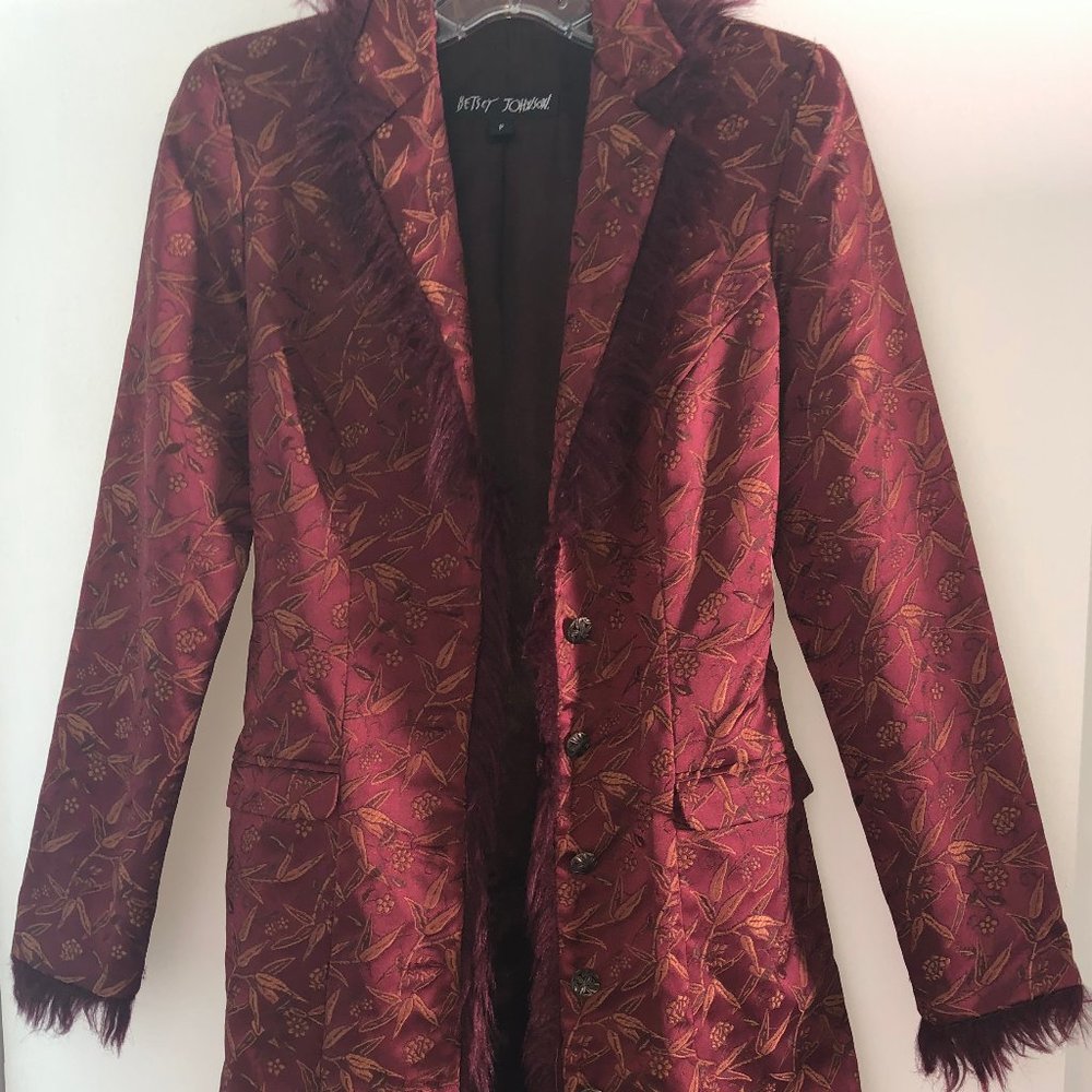 BETSEY JOHNSON Vintage Maroon Pattern Coat w/ Fur